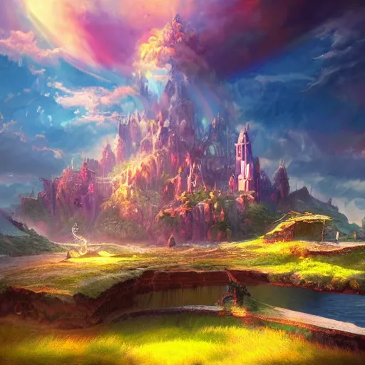 Prompt: a kingdom in a fantasy world, colorful, high fantasy, rutkowski, professional artwork, sunny, clouds, detailed, artstation, jim burns,