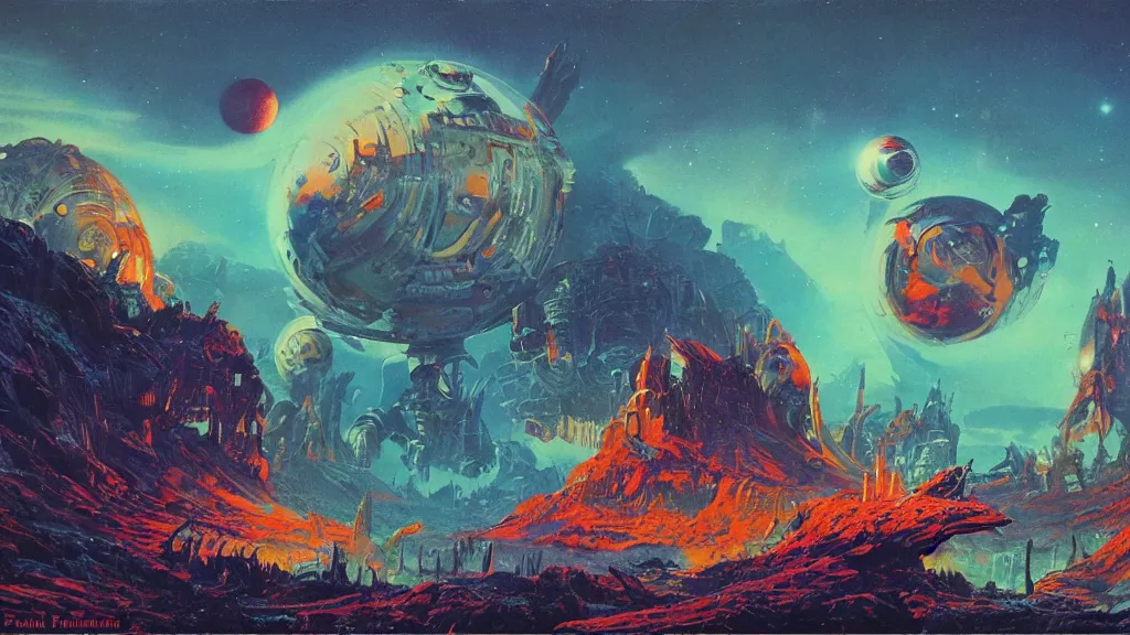 Prompt: strange alien planet by Paul Lehr and Bruce Pennington