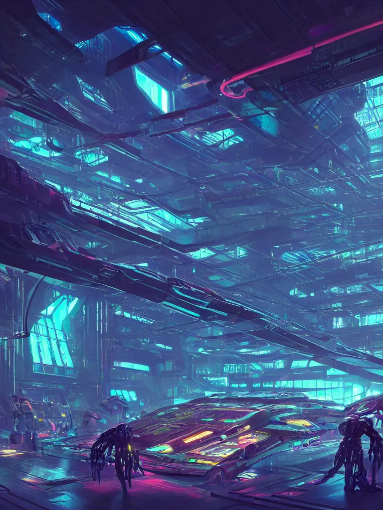 Prompt: the interior of a celestial spaceship cyberpunk hangar in a bioluminescent walls decorated beautifully, lots of cyberpunk design elements like humanoids and mecha robots, warm sunlight shining in, lots of cables and neon signs, concept art 8 k resolution, fantasy illustration, sharp focus, detailed painting, deep color, volumetric lighting, crepuscular rays