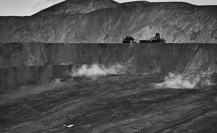 Image similar to gleaming black construction equipments designed by alexander mcqueen, a black and white strip mine is in the background, black smoke in the air, landscape, land art, beautiful award winning fashion photography