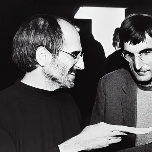 Image similar to photograph steve jobs discussing happier times with douglas adams on campus 1 9 8 8, healthy, in thomas ruff style, 3 5 mm ektachrome