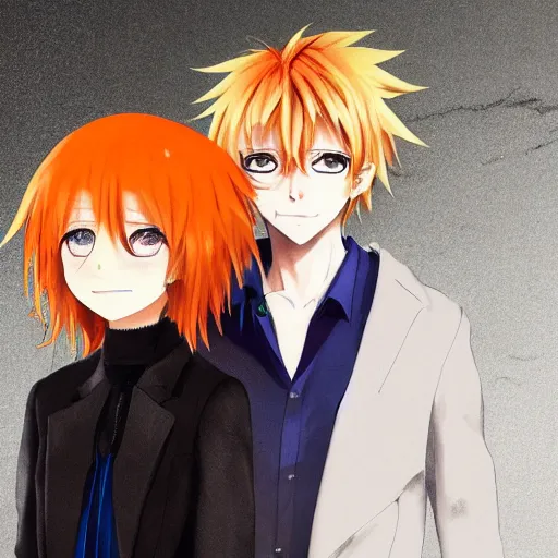 Prompt: orange - haired anime boy, 1 7 - year - old anime boy with wild spiky hair, standing next to 1 7 - year - old pale - skinned persian girl with black long bob cut, long bangs, black gothic jacket, ultra - realistic, sharp details, subsurface scattering, blue sunshine, intricate details, hd anime, 2 0 1 9 anime