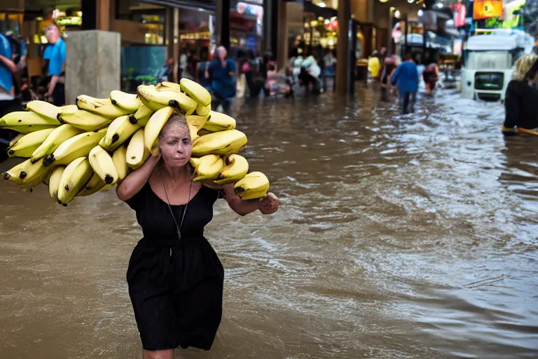 Image similar to closeup portrait of a woman carrying a bunch of bananas over her head in a flood in Rundle Mall in Adelaide in South Australia, photograph, natural light, sharp, detailed face, magazine, press, photo, Steve McCurry, David Lazar, Canon, Nikon, focus