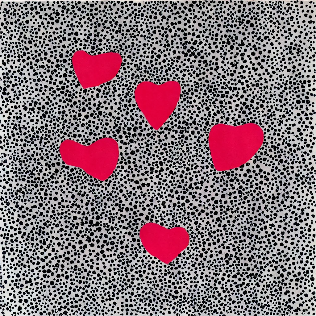 Image similar to camo made of hearts, smiling, abstract, rei kawakubo artwork, cryptic, dots, stipple, lines, splotch, color tearing, pitch bending, color splotches, dark, ominous, eerie, minimal, points, technical, old painting