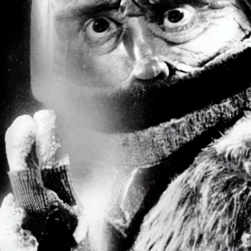 Image similar to Donald Tusk in a still from the movie The Thing (1982), cold