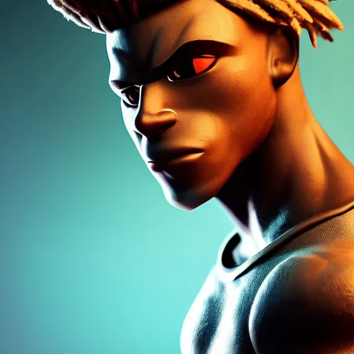 Image similar to Photo of Ekko from League of Legends, profile pose, bust shot, high detail, studio, fantasy, octane 3D, ominous background, sharp telephoto lens, in the style of Pixar