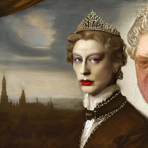 Prompt: the picture of Dorian gray but with queen Elizabeth Ii, Matte painting, by Leonardo da Vinci