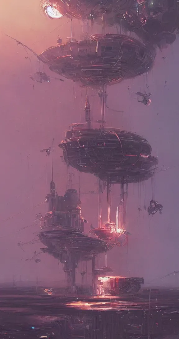 Image similar to complex mechanical starship with long tendrils, lots of hanging cables and wires, messy cords, pouring smoke and oil, sci - fi concept art, by john harris, by simon stalenhag, stunning, award winning