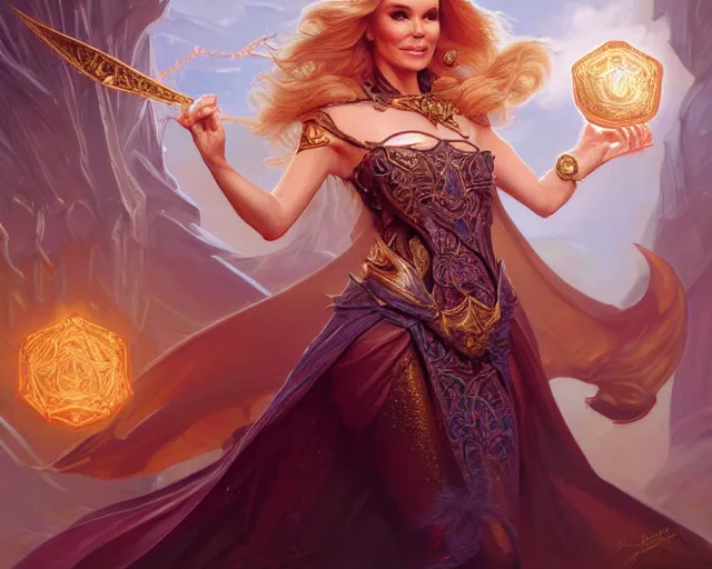 Image similar to amanda holden as a sorceress, deep focus, d & d, fantasy, intricate, elegant, highly detailed, digital painting, artstation, concept art, matte, sharp focus, illustration, hearthstone, art by artgerm and greg rutkowski and alphonse mucha