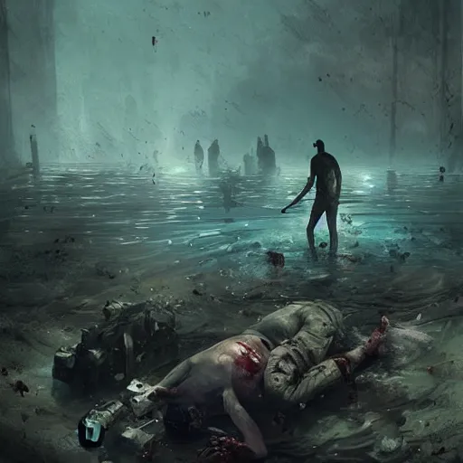 Image similar to a man fainted underwater in a zombie apocalypse by greg rutkowski