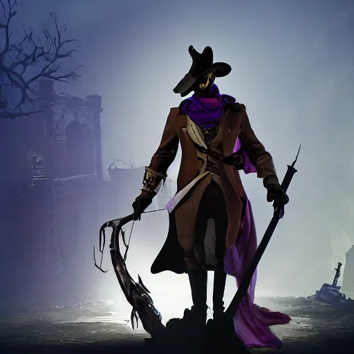 Image similar to a detailed 3 d render of darkwing duck dressed as the hunter from bloodborne, let's get dangerous, in the style animation of darkwing duck, digital art, dark fantasy, concept art, soulslike, by alphonse mucha, blood moon eclipse, wherewolves in a ruined building in the background, artstation, 8 k, unreal engine render