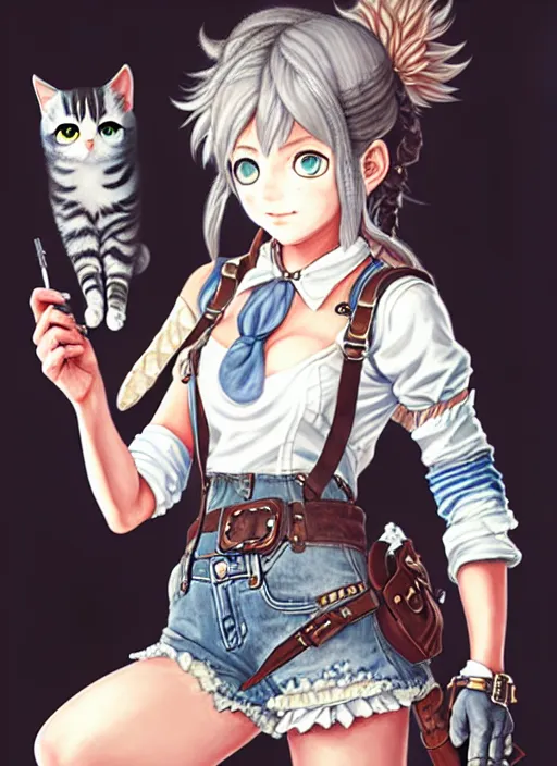 Image similar to a portrait of catgirl wearing white vest, and denim shorts an ultrafine detailed painting, detailed painting, detailed eyes, octopath traveler