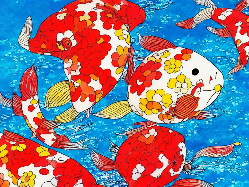 Image similar to colorful koi carp in a waterly pond, illustration, concept art, colorful, beautiful, studio ghibli, takashi murakami, aoshima chiho, manga, cute and adorable