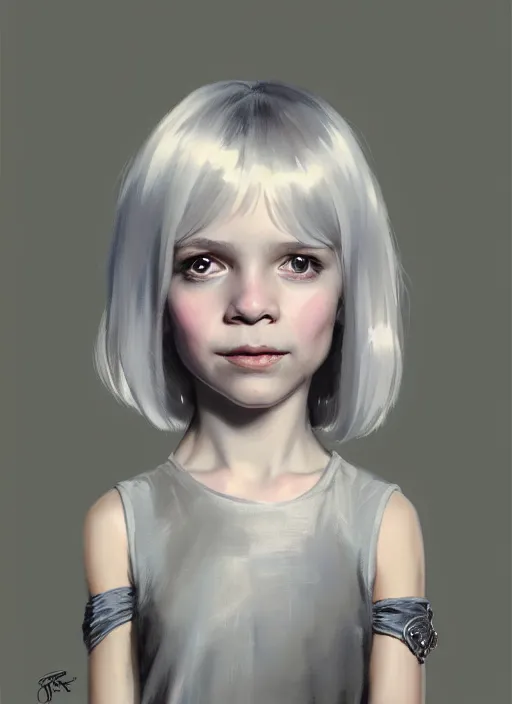 Image similar to Portrait of little girl, D&D fantasy, her hair is silver and styled in a Bob Cut, she has a joyful expression, and is wearing a lightly-colored dress. Intricate, highly detailed, digital painting, artstation, concept art, sharp focus, illustration, art by greg rutkowski and Ross Tran