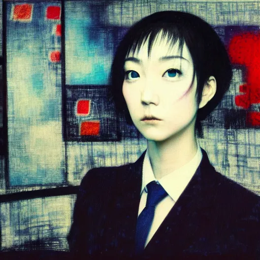 Prompt: yoshitaka amano blurred and dreamy realistic three quarter angle portrait of a young woman with short hair and black eyes wearing office suit with tie, junji ito abstract patterns in the background, satoshi kon anime, noisy film grain effect, highly detailed, renaissance oil painting, weird portrait angle, blurred lost edges, 3 / 4 view portrait