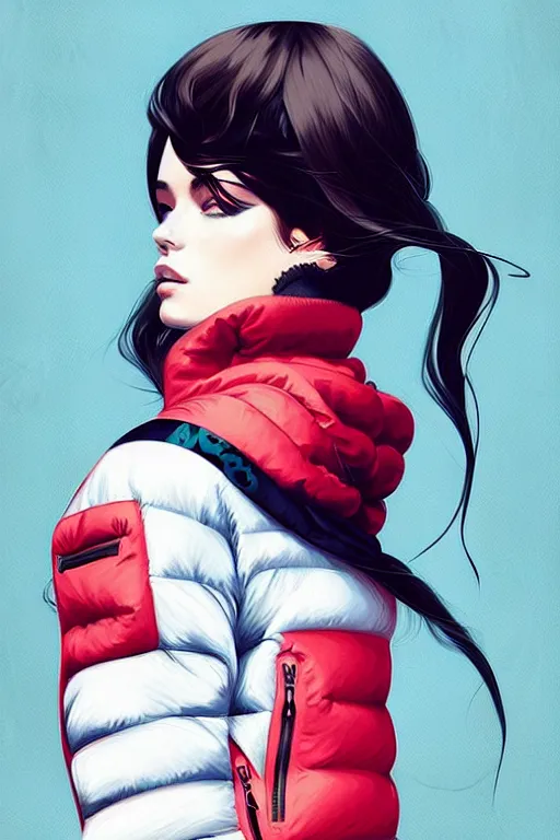 Image similar to a ultradetailed beautiful painting of a stylish woman wearing a puffer jacket, by conrad roset, greg rutkowsk and ilya kuvshinov trending on artstation