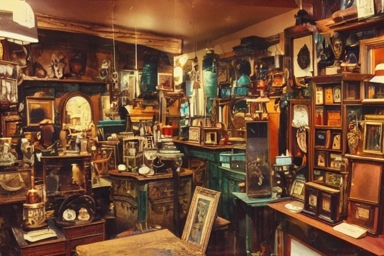Image similar to vintage 3 5 mm color photo of the interior of a mystical antique shop with strange artifacts