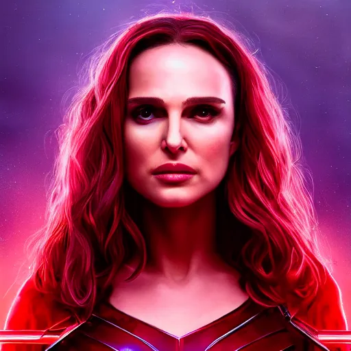 Image similar to Natalie Portman as scarlet witch from MCU, highly detailed, artstation, 8K HDR, sunset.