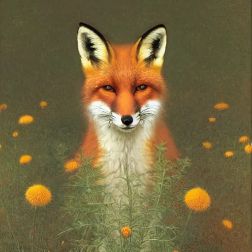 Image similar to A portrait of a fox wearing a hat full of dandelions, by Robert Cleminson and William-Adolphe Bouguereau