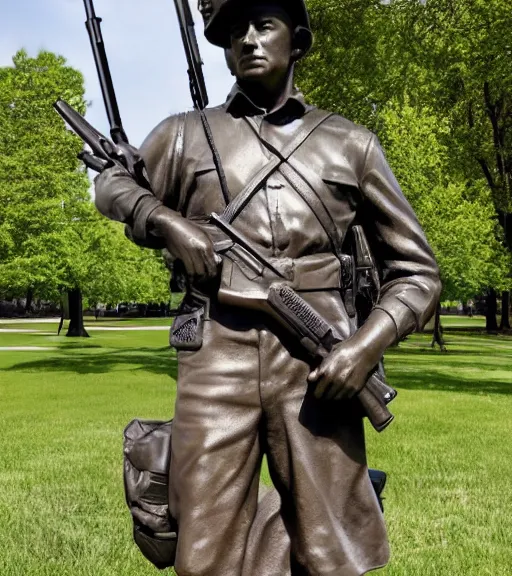 Image similar to a 4 k photorealistic photo medium shot of a bronze statue of an american soldier holding a rifle in a park