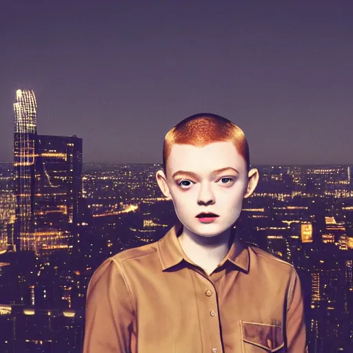 Image similar to sadie sink, portrait with buzzcut hair and city background, smokewave aesthetic