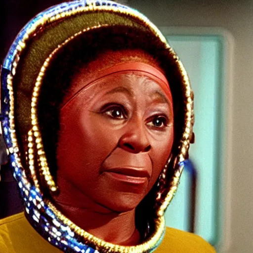 Image similar to guinan from star trek wearing random frisbees and hoops on her head