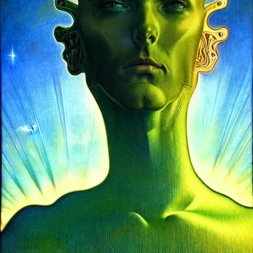 Image similar to realistic extremely detailed portrait painting of a glowing male silhouette, futuristic sci-fi landscape on background by Jean Delville, Amano, Yves Tanguy, Alphonse Mucha, Ernst Haeckel, Edward Robert Hughes, Roger Dean, rich moody colours, blue eyes