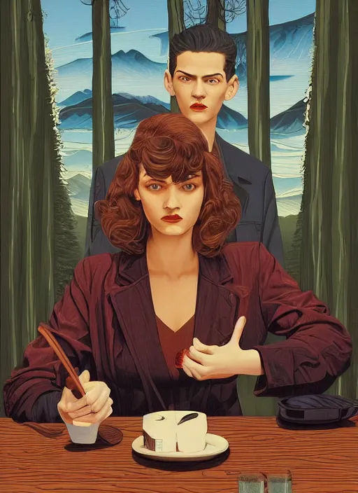 Prompt: Twin Peaks poster artwork by Michael Whelan, Bob Larkin and Tomer Hanuka, Karol Bak of portrait of Zendaya is a high school student working at the diner wearing waitress dress, from scene from Twin Peaks, simple illustration, domestic, nostalgic, from scene from Twin Peaks, clean