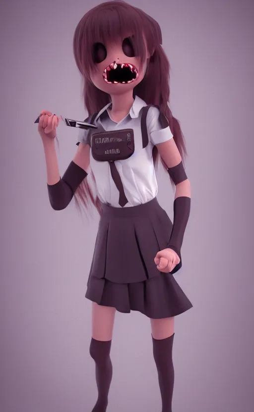 Image similar to school girl holding a knife, gloomy and foggy atmosphere, octane render, artstation trending, horror scene, highly detailded