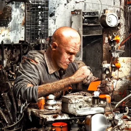 Image similar to half rusted old egg beater half stun - gun, balding older cyborg repairing, red hot soldering iron, dark messy smoke - filled cluttered workshop, dark, dramatic lighting, orange tint, cinematic, highly detailed, sci - fi, futuristic, movie still from blade runner