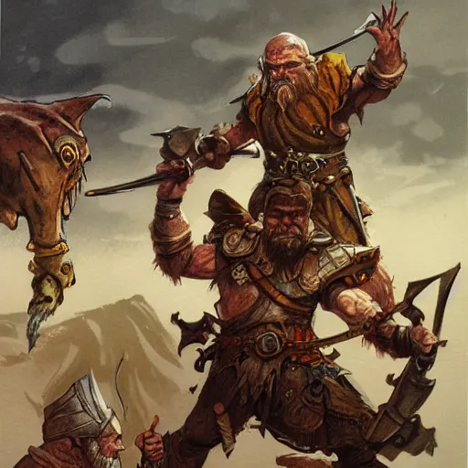 Image similar to DnD dwarves in gladitorial duel. Concept art by james gurney. Dark sun.