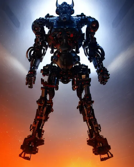 Image similar to a full body shot of an imposing cyborg ( bull ) modeled after a bull looking into the camera, android, cyborg, full body shot, red, intricate, 3 d, hyper realism, symmetrical, octane render, strong bokeh, fantasy, highly detailed, depth of field, digital art, artstation, concept art, cinematic lighting, trending