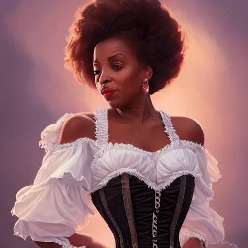 Image similar to cute black nancy pelosi wearing a white corset dress, fantasy, intricate, highly detailed, digital painting, artstation, concept art, wallpaper, smooth, sharp focus, illustration, art by artgerm and greg rutkowski and alphonse mucha