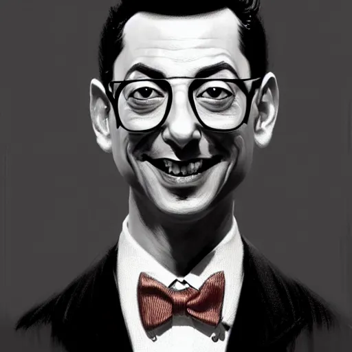 Image similar to Portrait of pee-wee herman, black hair, highly detailed, digital painting, artstation, concept art, illustration, art by greg rutkowski and hajime sorayama