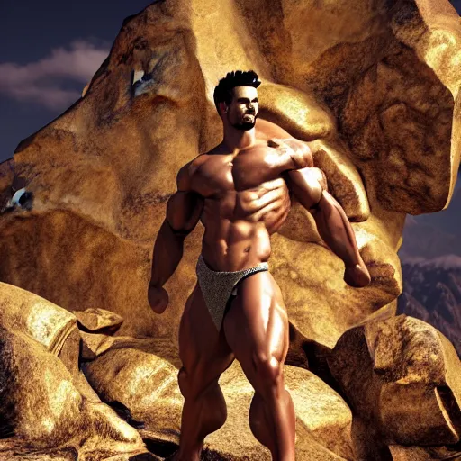 Image similar to god physique, greek god, standing on top of mountain, ultra realistic, concept art, posing, body builder, award, inspirational, realistic lighting, real life, unreal engine render, windy