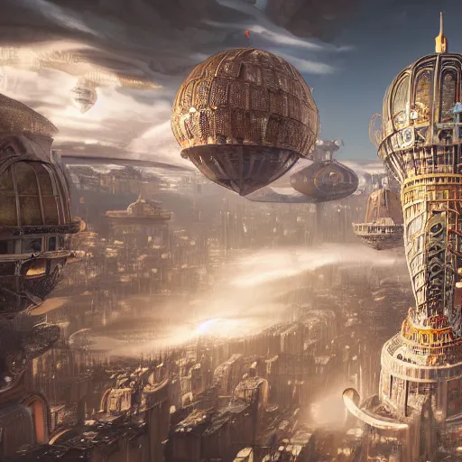 Image similar to enormous flying city in a faberge egg, sky, steampunk, fantasy art, unreal engine,