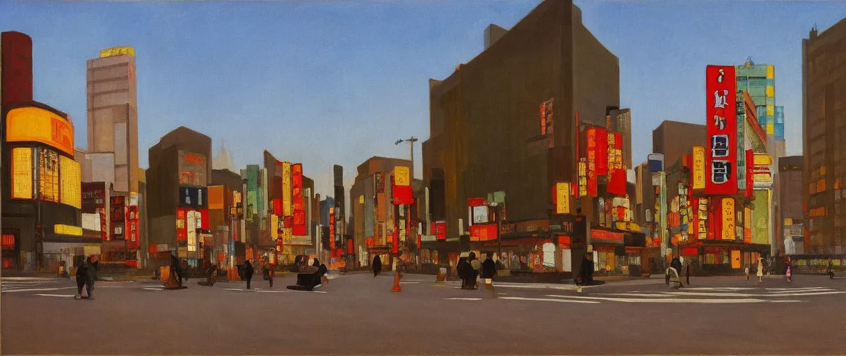 Prompt: an edward hopper style painting of a busy road in tokyo shibuya, autumn