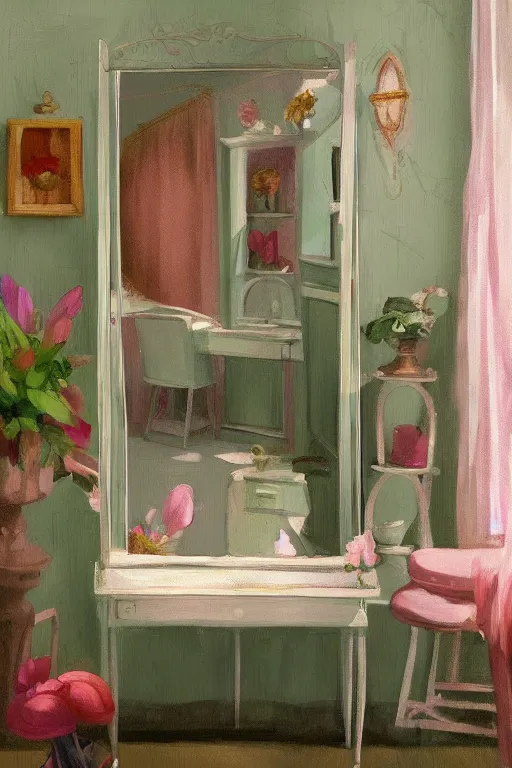 Prompt: beautiful digital matte painting of whimsical botanical illustration of shabby chic dressing room by greg rutkowki and edward hopper artstation