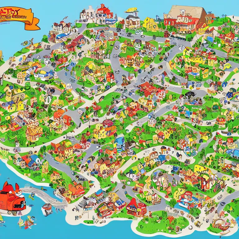 Prompt: map of busytown by richard scarry, HD, trending on artstation