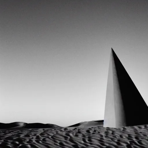 Image similar to a large sand dune with a large obelisk hovering in the middle of the sand dune. clear sky, grainy.