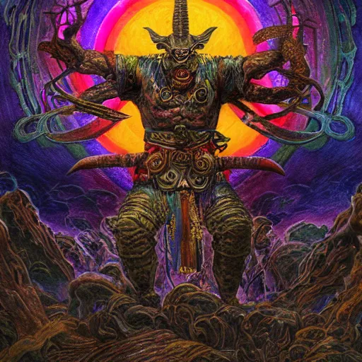 Prompt: rainbow paper + tarot card + Giant Muscular Baphomet wearing Samurai outfit, vintage detailed fantasy illustration painted by Dan Witz, Artgerm, Eldritch, John Howe + intricate ink illustration, ornate, highly detailed + digital painting + 4k + HDR + concept art, smooth, sharp focus, psychedelic black light style + symmetry + bloodborne