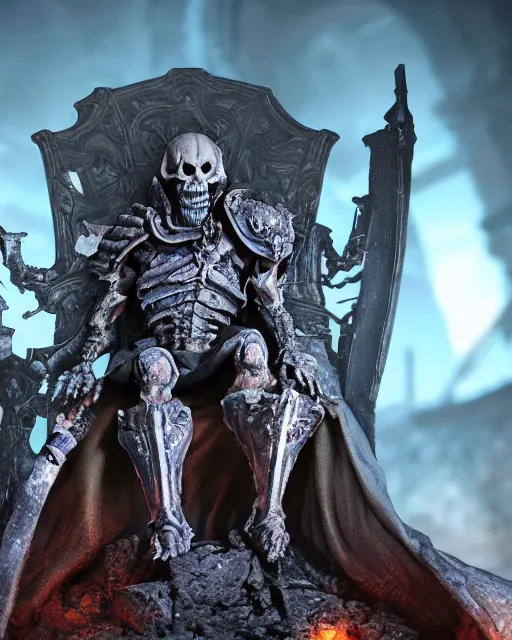 Image similar to closeup of skeletor sitting in a throne in a decayed castle, dramatic lighting, frank frazetta, rim lighting, octane, dark souls, craig mulins, octane, 8 k