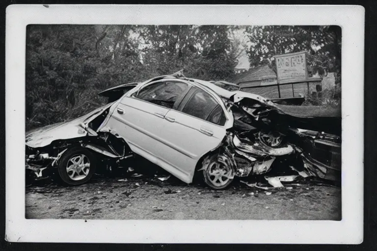 Image similar to old polaroid of a car crash, corpse on the road