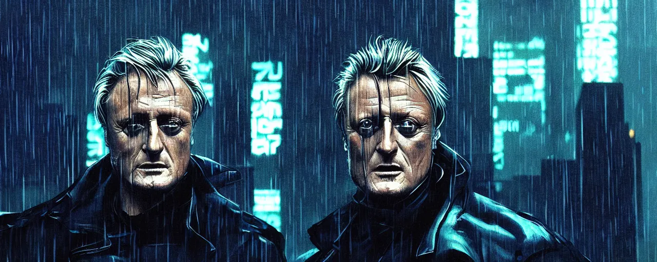 Image similar to duotone tech noir concept illustration 3 / 4 portrait of rutger hauer as roy baty in blade runner on rooftop in rain. cinematic volumentric lighting. accidental renaissance. by sachin teng and sergey kolesov and ruan jia and heng z. graffiti art, scifi, fantasy, hyper detailed. octane render. concept art. trending on artstation