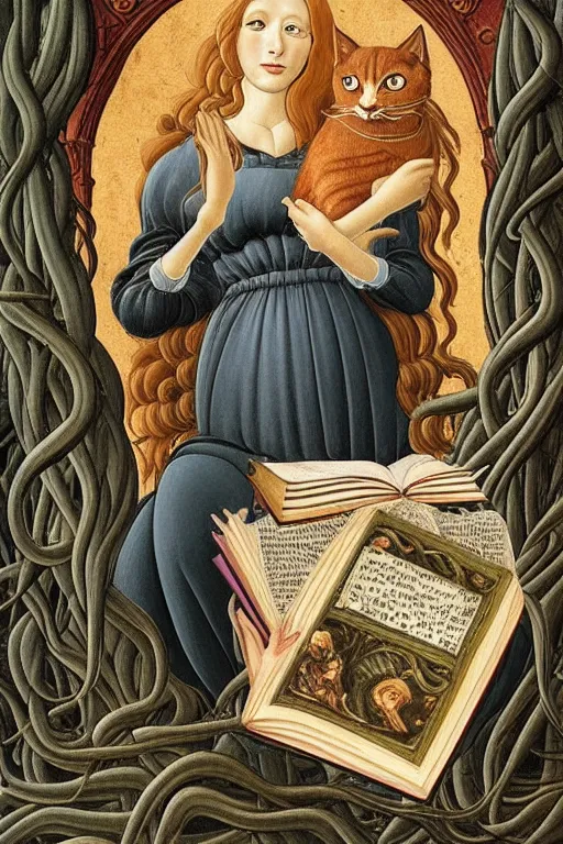 Prompt: botticelli illustration of romantic girl, her cat and her book of necronomicon, symmetrical, cinematic, sharp focus, 4 k, ultra hd, sense of awe, sinister demonic atmosphere, dreadful, forbidden knowledge, old gods, cthulhu, yog - sothoth! yah, yah, yah! cultist journal cover