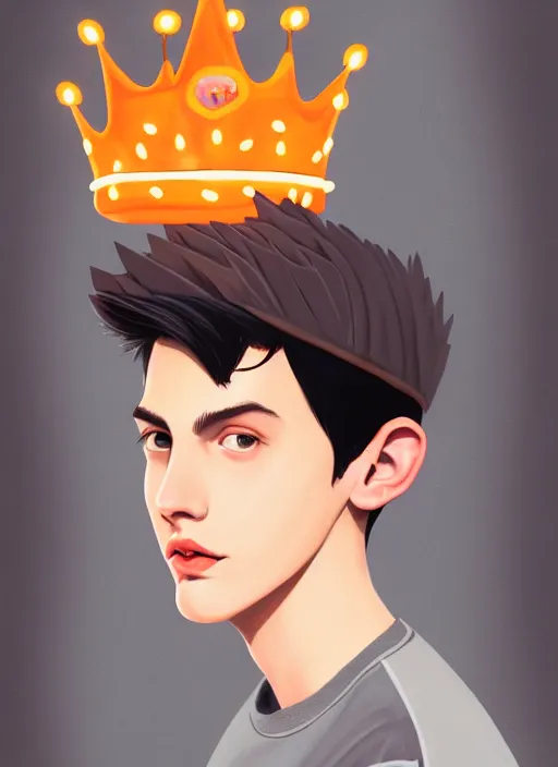 Image similar to portrait of teenage jughead jones wearing a light grey crown, crown, hamburger background, eyes closed, crown, black hair, orange, intricate, elegant, glowing lights, warm lighting, highly detailed, digital painting, artstation, concept art, smooth, sharp focus, illustration, art by wlop, mars ravelo and greg rutkowski