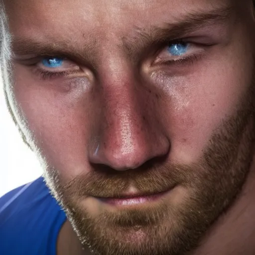 Image similar to oversaturated close up photograph of a sweaty man who has just woken up to a light shining in his face, wide fov, dark room