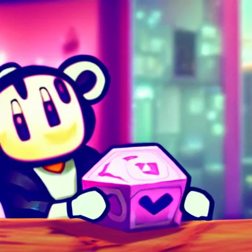Image similar to kirby eating dinner with companion cube from the game portal, romantic, candlelight, realistic, source engine