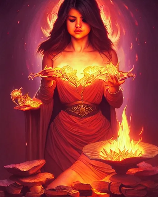 Image similar to Selena Gomez as a sorceress levitating and casting a fire spell, surrounded by fire, D&D, fantasy, intricate, elegant, highly detailed, digital painting, artstation, concept art, matte, sharp focus, illustration, hearthstone, art by Artgerm and Greg Rutkowski and Alphonse Mucha