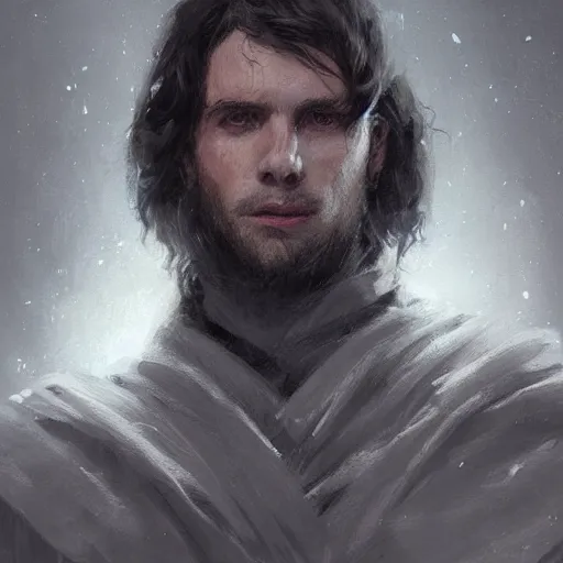 Image similar to portrait of a man by greg rutkowski, british features, messy black long hair, black robes, star wars expanded universe, he is about 2 0 years old, wearing jedi robes, highly detailed portrait, digital painting, artstation, concept art, smooth, sharp foccus ilustration, artstation hq